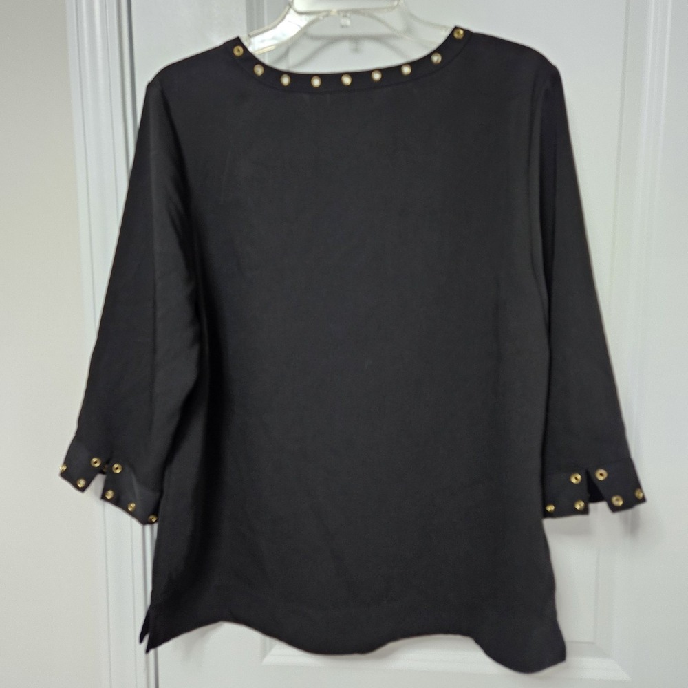 Chico's Blouse Womens 1 Black Grommet Split Neck 3/4 Sleeve Top Metallic Detail - Picture 10 of 10